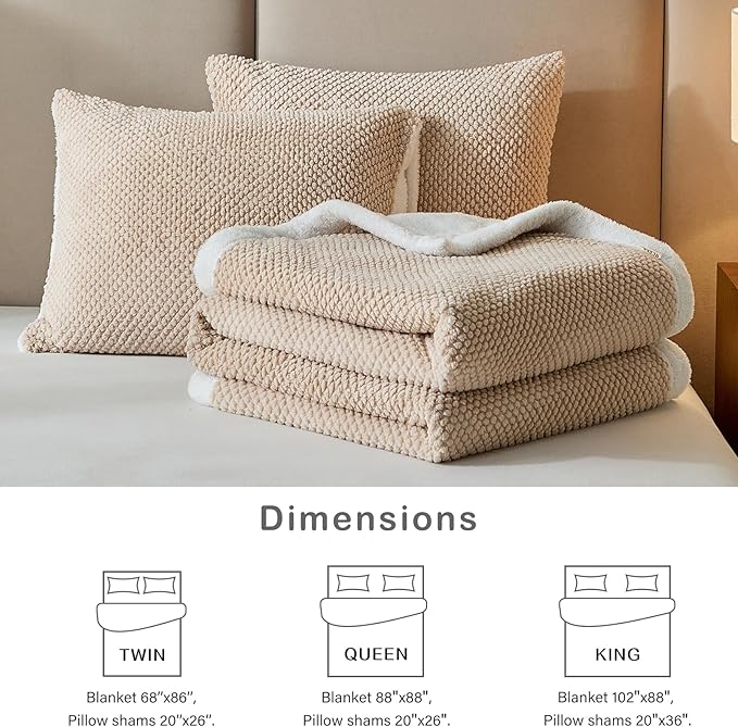 Luxury Flannel Fleece Sherpa Blankets King Size for Bed, Jacquard Boho 3-Layer Thick and Warm Blanket for Winter, Soft Cozy Fuzzy Plush Velvet Blanket with 2 Pillow Cases, Khaki, 102x88 Inches