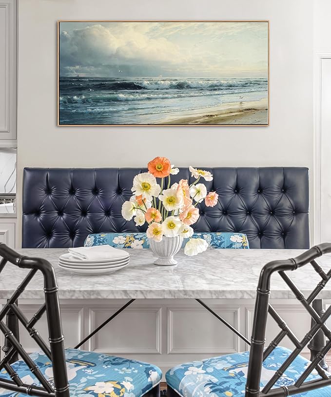 DJSYLIFE Vintage Coastal Beach Wall Art, Framed Canvas Art for Living Room Large Artwork Rockaway Beach Seascape Painting Prints Nature Ocean Waves Pictures Bedroom Above Bed Wall Decor 20"x40"