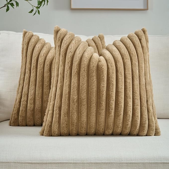 FUTEI Camel Decorative Throw Pillow Covers Set of 2, 26x26 Inch Soft Fluffy Faux Fur Plush Striped Euro Pillow Shams, Modern Home Decor for Couch Bed Living Room
