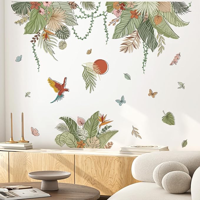 decalmile Boho Tropical Leaves Wall Decals Bohemian Floral Hanging Vine Plants Wall Stickers Living Room Bedroom TV Background Wall Decor