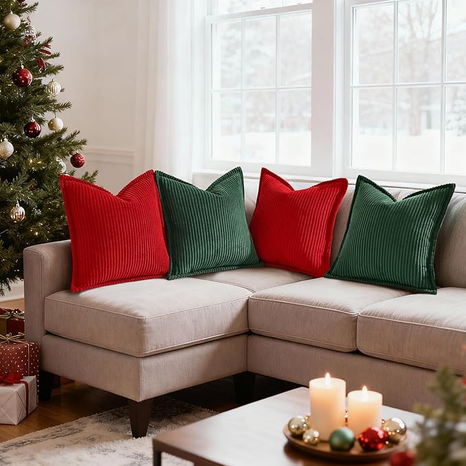 Mecatny Christmas Corduroy Throw Pillow Covers 12x20 Set of 2, Neutral Decorative Soft Boho Lumbar Couch Pillow Covers with Broadside for Sofa Living Room, Christmas Red