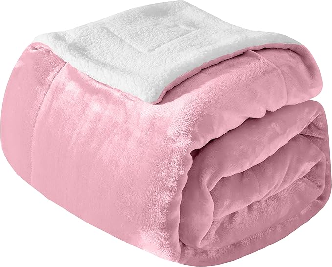 Mocassi Premium Ultra-Soft Velvet Touch Flannel Fleece Sherpa Throw - Warm Cozy Reversible Plush Micromink Throw Blanket for Couch, Bed and Sofa - Fluffy, Christmas Winter Bedding Gift, Light Pink