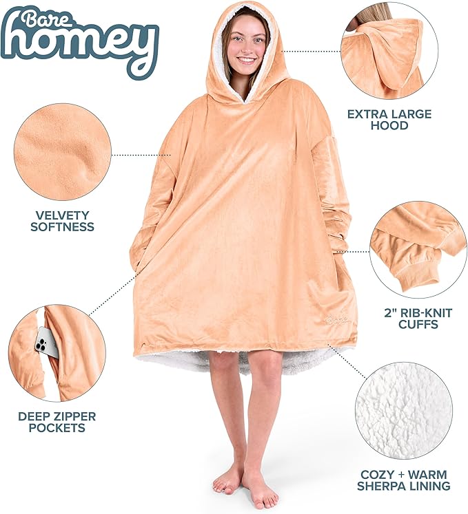 Bare Home Wearable Blanket Hoodie - Soft Plush Sherpa - Warm and Cozy - Oversized Wearable Blanket - Adult & Kid Sizes