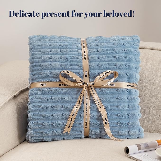 PHF Ultra Soft Flannel Fleece Blanket King Size, Lightweight 3D Jacquard Fleece Blanket, No Shedding, No Pilling, Luxury 340GSM Aesthetic Fluffy Cozy for Bed Room Decor, 108"x90", Dusty Blue