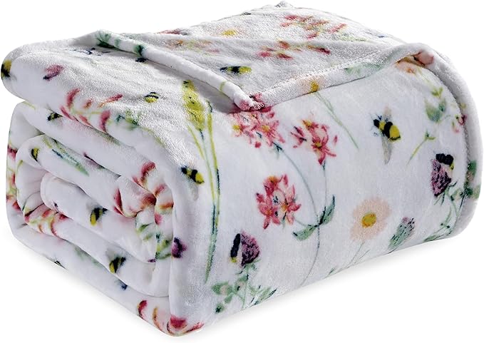 Elegant Comfort Ultra Soft Print Flannel Fleece Bed Blanket, Cozy-Fuzzy Lightweight Bedspread Coverlet, All Season Decorative Blanket for Couch, Sofa, Floral Design, Queen Size, Bloom