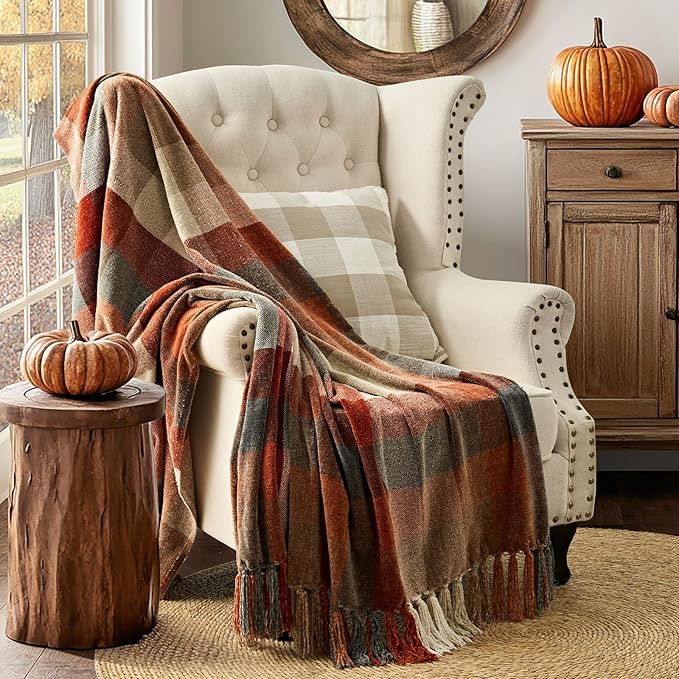 EverGrace Plaid Chenille Throw Blanket for Couch, Super Soft Cozy Decorative Fall Throw Blanket with Tassels for Bed Sofa Gift, Lightweight Harvest Plaid Throw Blanket for Autumn 60"x80"