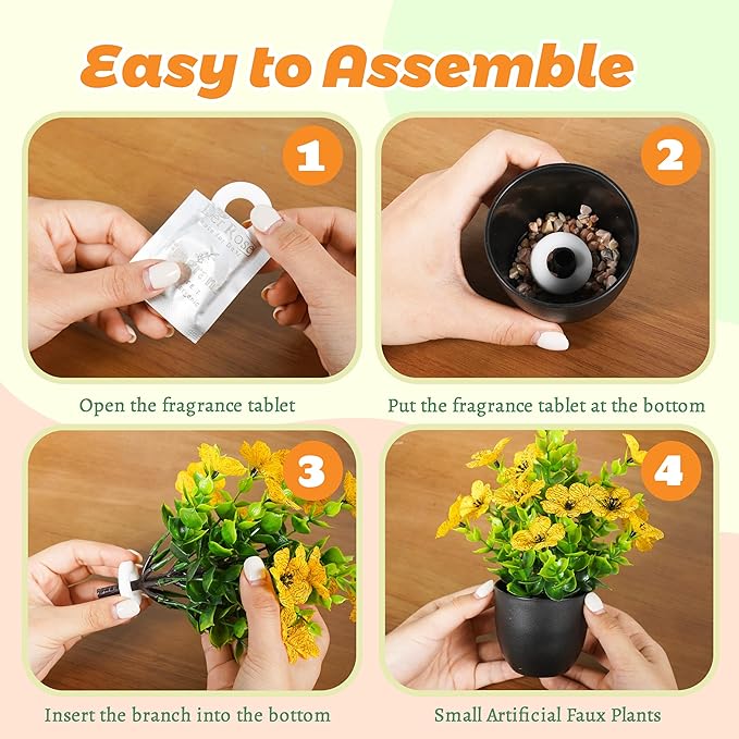 Der Rose 4 Pack Small Fake Plants Spring Artificial Flowers with Fragrance Faux Plants Indoor Black Bathroom Accessories for Home Room Office Desk Decor