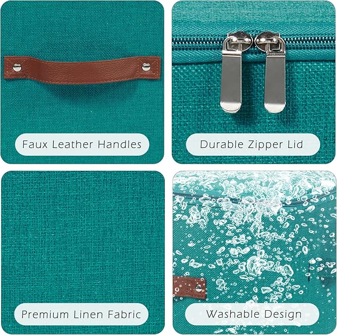 2 Pack Storage Bins with Zipper Lid Cotton Linen Fabric Lidded Storage Baskets Boxes Foldable Washable Closet Shelf Clothes Organizer Container with PU Leather Handles (Teal Blue, Small)