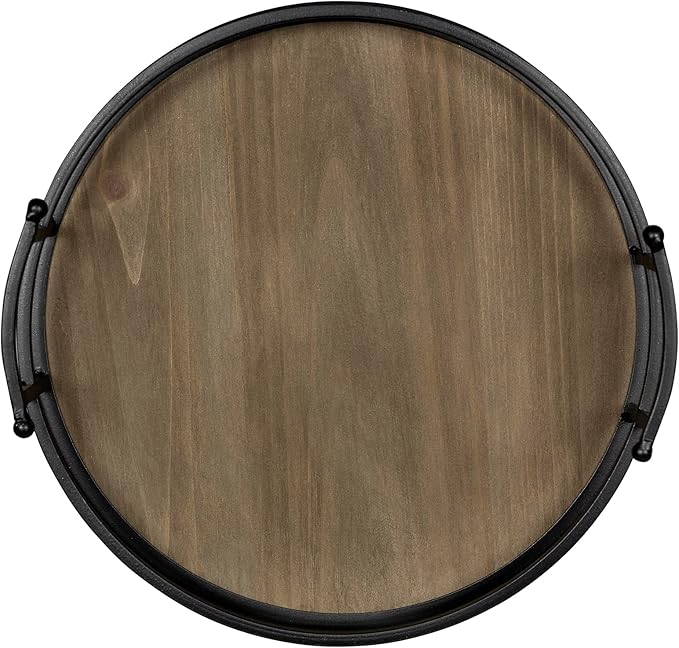 Stratton Home Decor Metal and Wood Round Tray | Wooden Coffee Table Tray Decor for Empty Table Surfaces | Decorative Round Serving Tray with Handles