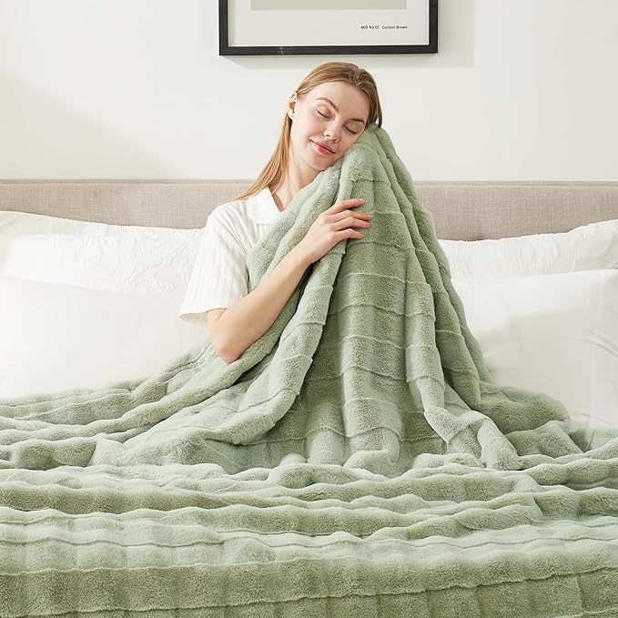 Cozy Bliss Fluffy Faux Fur Blanket King Size for Bed, Fuzzy Soft Striped Plush Blanket, Thick Throw for Bedroom Couch Gift, 108x90 Inches Sage Green