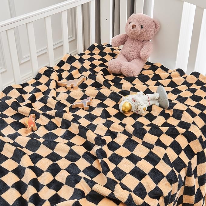 FY FIBER HOUSE Checkered Flannel Fleece Throw Blanket Soft Cozy Checkerboard Grid Print Chessboard Gingham Pattern Blankets for Bed Couch Sofa, 40"x50", Black Brown