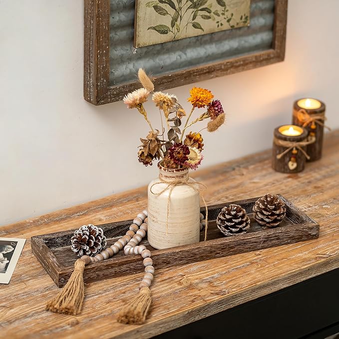 Romadedi Rustic Decorative Wood Candle Tray - 15" Wooden Long Narrow Tray Candle Holder, Farmhouse Small Trays for Coffee Table Centerpieces Dining Room Kitchen Countertop Home Decor, Brown