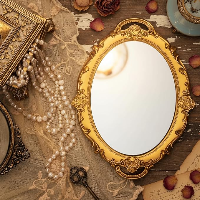 3 Styles Vintage Mirrors Set Decorative Oval Wall Mirror Small Antique Mirrored Tray Decorative Retro Hanging Mirror for Bathroom Bedroom Jewelry Organizer Victorian Decor(Gold)