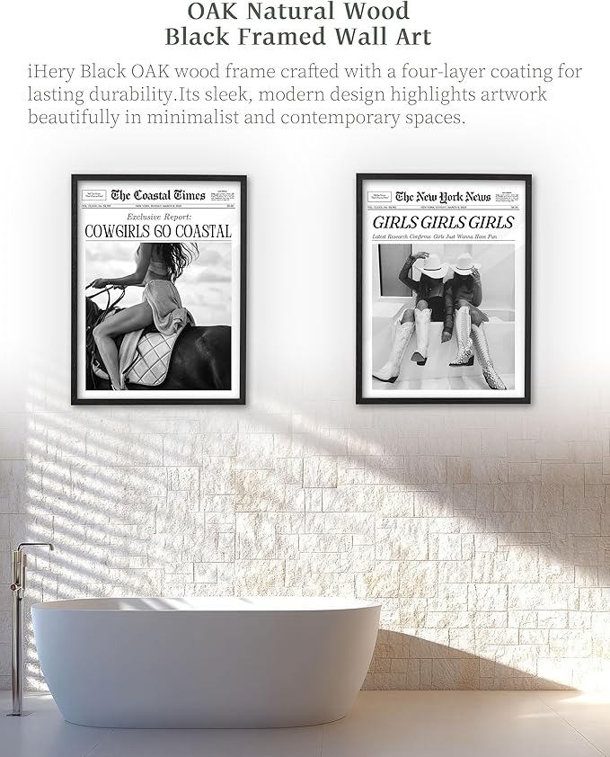 iHery Premium Natural Black OAK Wood 12x16in Girls Just Wanna Have Fun Trendy Framed Wall Art, Black and White Vintage Bar Car Canvas Wall Decor For Dorm Bedroom Living Room 1Pack