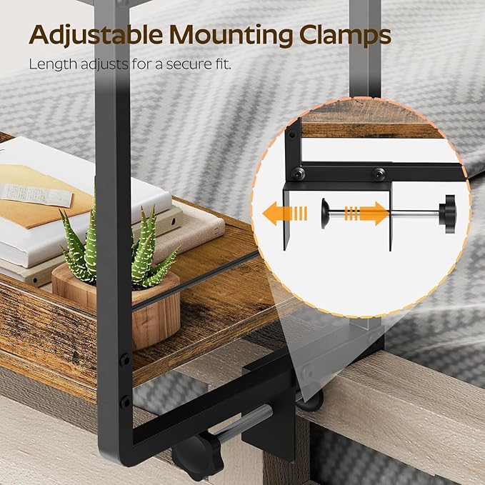 Bedside Shelf, Bed Shelf with 360° Rotating and Height-Adjustable Tray, Drom Side Tray Table, Nightstand with Storage for College, Bedroom, Rustic Brown and Black