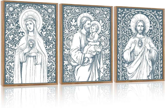 CHDITB Religious Jesus Framed Canvas Wall Art Set Of 3, Christian Wall Decor, Retro Virgin Mary Wall Painting, Christian Spiritual Healing Art Prints For Church Prayer Room Bedroom Living Room 12”X16”