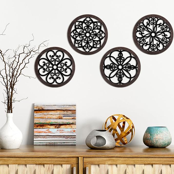 Yulejo 4 Pcs Thicken Rustic Wall Decor Farmhouse Kitchen Wall Round Art Wooden Hollow Carved Design Rustic Art for Living Room Bedroom Hallway Decor (9.8 x 9.8 Inch,Black, Brown)