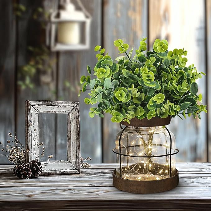 Farmhouse Rustic Glass Vases Primitive Country Lantern Coffee Dining Table Centerpiece Green Fake Artificial Eucalyptus Plants with Light Home Decor for Shelf Desk Counter Kitchen Bathroom