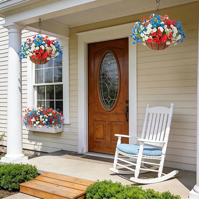 Artificial Fake Hanging Flowers with Basket for Outdoors, Faux Petunias Flowers Fake Hanging Plants with Eucalyptus Realistic UV Resistant for Outside Patio Garden Porch Balcony Yard Decor