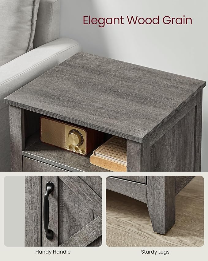 VASAGLE LIRY Collection - Farmhouse Nightstand with Barn Door, Bedside Table with Storage, Side End Table, Night Stand, Open Compartment, for Bedroom, Misty Gray ULET609G68