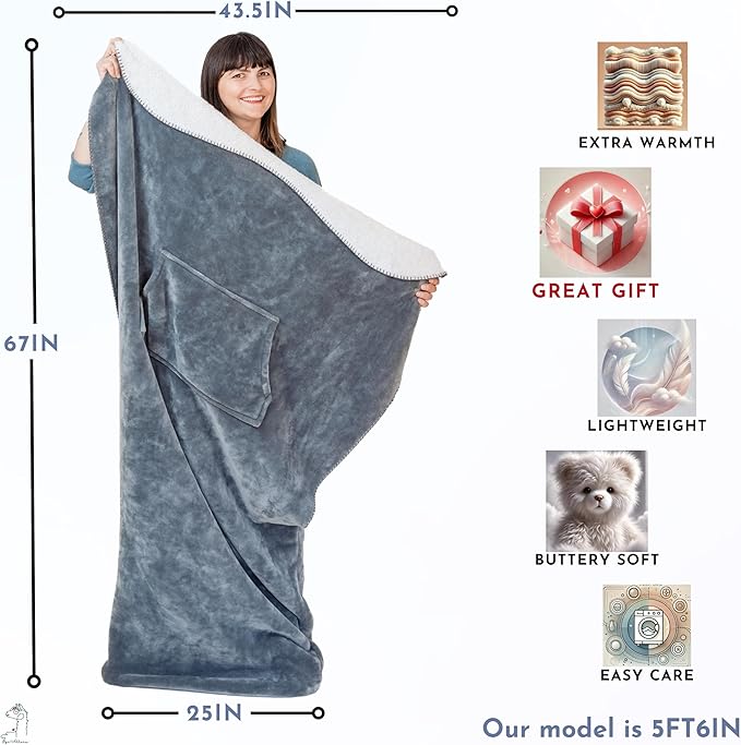 Premium Double Layer Foot Pocket Blanket -Patent Pending- Gamer Gift for Men Who Have Everything - Father's Day Useful Gifts for Dad Who Wants Nothing (Double Layer, Silver Grey)