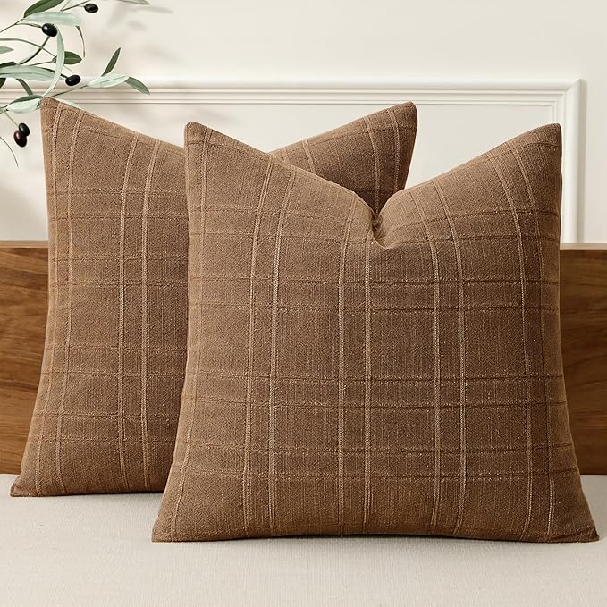 MIULEE Decorative Linen Check Euro Shams Throw Pillow Covers Neutral Farmhouse Vintage Pillow Covers 24x24 Set of 2 Boho Modern Winter Home Decor for Sofa Couch Bedroom Cushion Camel Brown