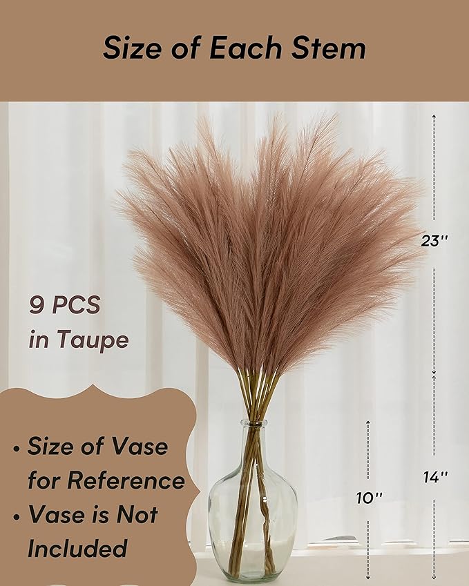 Faux Pampas Grass, 9 PCS 37''/3.1FT Tall Fluffy Fake Pompas Floral, Large Artificial Pompous Grass Branches for Floor Vase Fillers, Boho Farmhouse Room Wedding Decor (Taupe)
