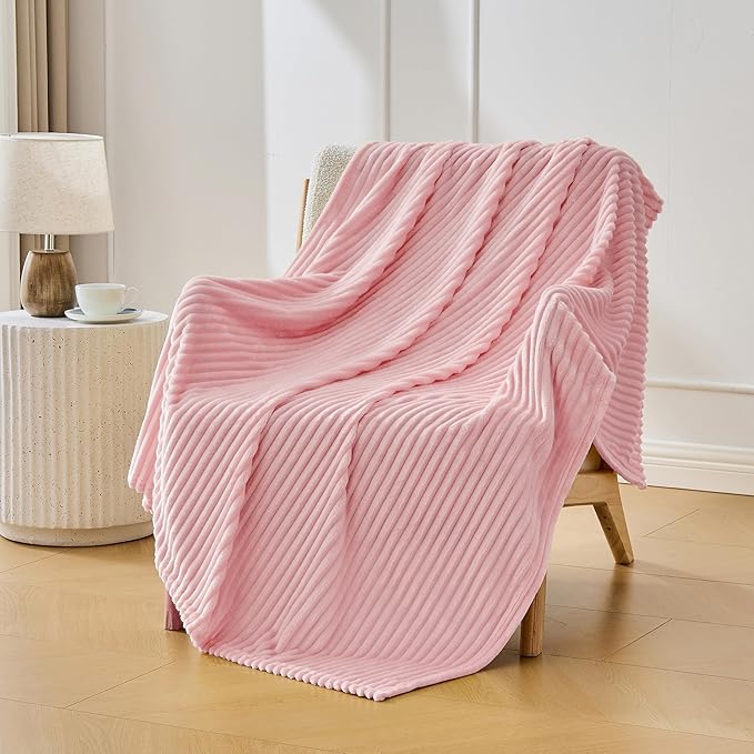 Bnuitland Fleece Throw Blanket for Couch, 300GSM Soft Warm Cozy Fluffy Throw for Adults & Kids, Stripe Pattern, All Season Sofa Bed Blanket for Home Decor, Light Pink 50"x60"