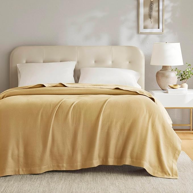 Madison Park 100% Egyptian Cotton Lightweight Summer Blanket, Breathable Waffle Knit Design, Soft Cozy All-Season Throw for Bed, Couch or Sofa, Mustard Full/Queen Size (90"x90")