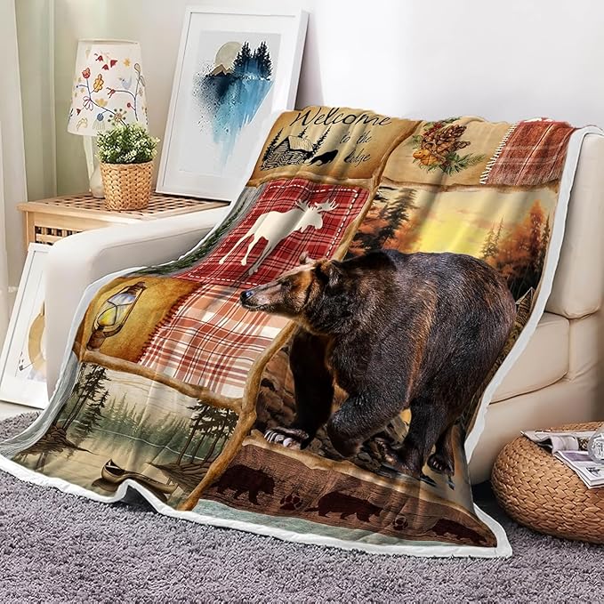 JAWO Rustic Cabin Throw Blankets, Farmhouse Country Antique Bear Moose Forest Vintage Cozy Warm Bed Couch Blanket，Hunting Camping Theme Fleece Flannel Throws to Decorate The Room and Bedroom 50X60IN