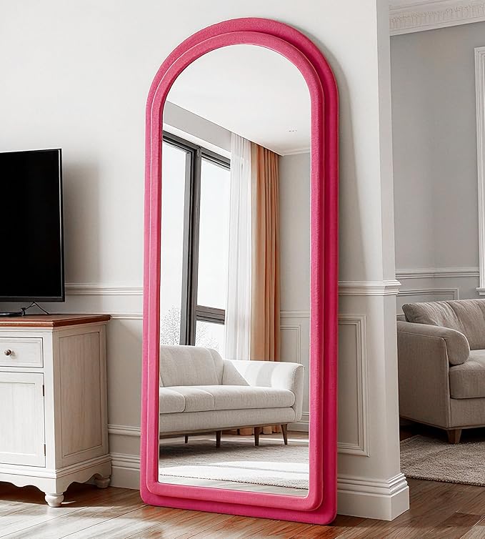 Full Length Mirror, Floor Mirror with Stand, 63"x24" Freestanding Arched Mirror Full Length Hanging or Leaning, Wall Mounted Mirrors with Flannel Frame, Large Mirrors for Bedroom (Rose Red)