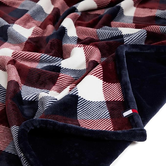 Tommy Hilfiger - Blanket, Ultra-Soft Plush Throw Blanket for Bed or Couch, Cozy Plaid Bedding with Solid Reverse & Tailored Hem, Medium Weight for Year Round Comfort (Derby Plaid Red, 50" x 70")