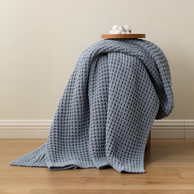 Bunnikins & Clover Blue Grey Throw Blanket for Couch, Thick Warm Soft Cozy Knitted Chenille Throw Blanket for Sofa, Bed, Living Room, 60"x80"