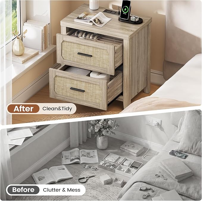 Rattan Nightstand with Charging Station, 22'' Wide Bedside Table with 2 Storage Drawers & Metal Handle, Boho Night Stand End Side Table for Bedroom, Grey Oak