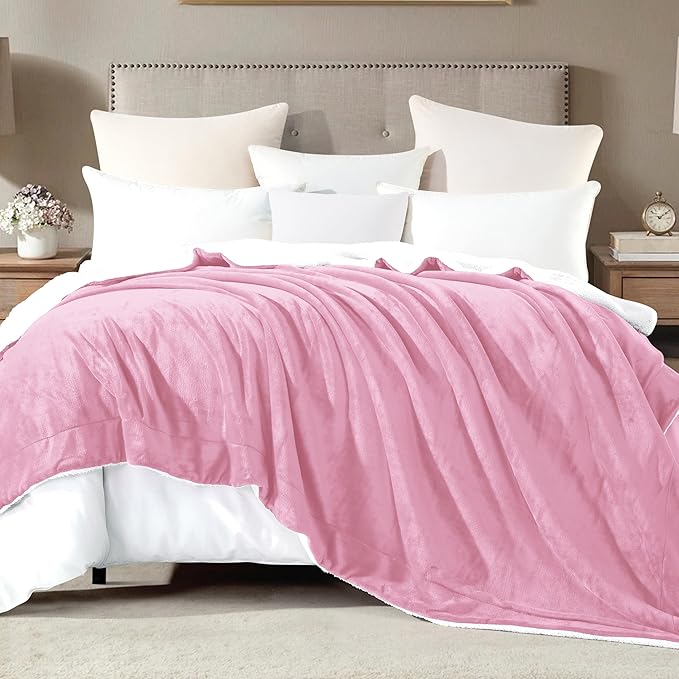 Mocassi Premium Ultra-Soft Flannel Fleece Sherpa Throw Blanket - Warm Cozy Reversible Plush Micromink Blanket for Couch, Bed and Sofa - Fluffy, Christmas Winter Bedding Gift, King, Light Pink
