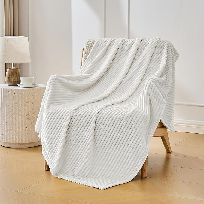 Bnuitland Fleece Throw Blanket for Couch, 300GSM Soft Warm Cozy Fluffy Throw for Adults & Kids, Stripe Pattern, All Season Sofa Bed Blanket for Home Decor, White 60"x80"