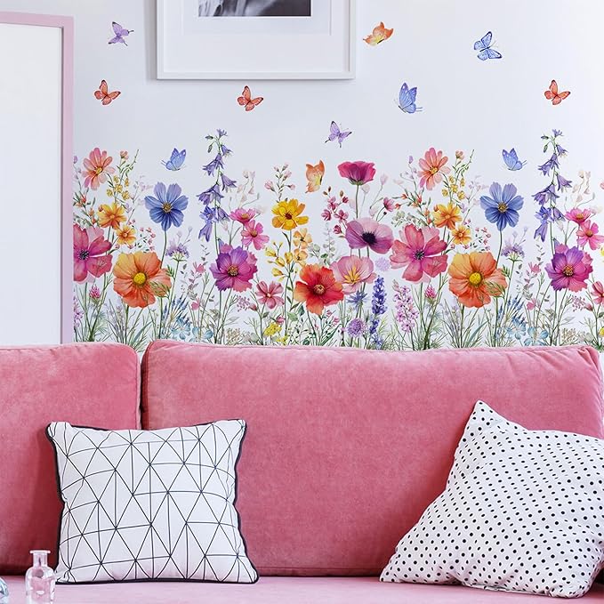 TUOKING Orange Flowers Wall Stickers Decor,Removable Butterfly Wall Murals Peel and Stick Modern Wall Art Decal Home Decor for Kitchen,Bedroom,Living Room(MS3160)