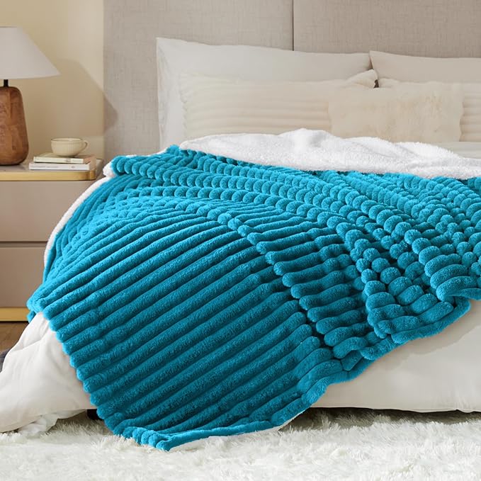 INFIIXSO Sherpa Fleece Queen Size Blanket - Super Soft & Warm Striped Fleece, Cozy Plush Fluffy Large Bed Blanket All Season Use (Teal, 90x90 Inches)