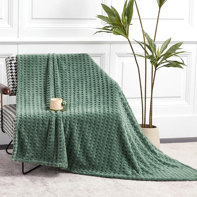 Soft Cozy Fuzzy Fleece Throw Blanket, Waffle Bronze Green, 50x60 Inches – Lightweight, Fluffy, and Warm 3D Jacquard All-Season Blanket for Couch, Bed, Sofa, Home Decor, Camping, and Travel