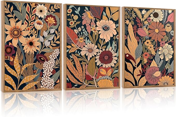 CHDITB Vintage Flowers Framed Canvas Wall Art Set Of 3, Rustic Bohemian Nature Wall Decor, Floral Botanical Prints, Farmhouse Wildflower Wall Painting For Living Room Dining Room Boho Decor 12X16 Inch