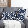 Alysheer Embroidered Lumbar Decorative Throw Pillow Covers 12"x 20" Set of 2, Classic Boho Mandala Embroidery Pattern Cotton Rectangular Cushion Case for Sofa Couch Living Room Bedroom(Navy Blue)