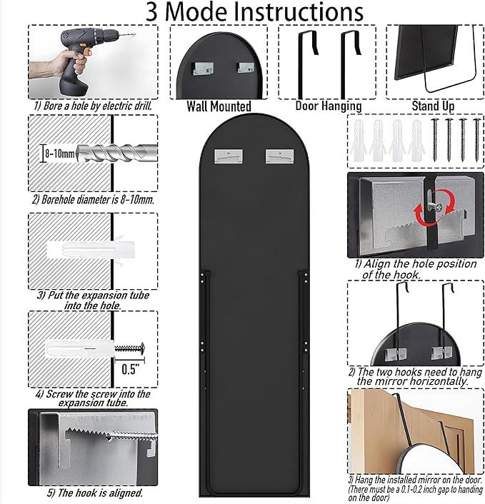 57x16 Door Hanging Full Length Mirror, Floor Stand (Height 5.7ft just Body in1.3ft) / Wall Mounted Metal Frame Arch Dressing Mirrors for Bedroom Living Room 57 inch Black