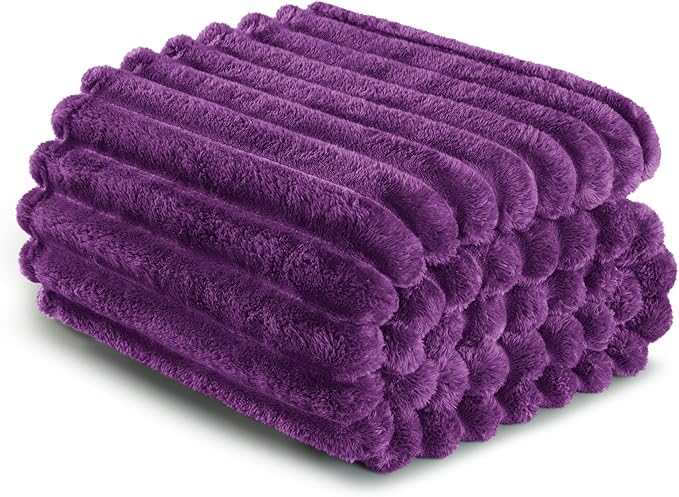 Exclusivo Mezcla Fleece Throw Blanket for Couch, Super Soft Striped Jacquard Bed Blanket, Lightweight Fuzzy Cozy for All Seasons, 50x60 Inches, Purple