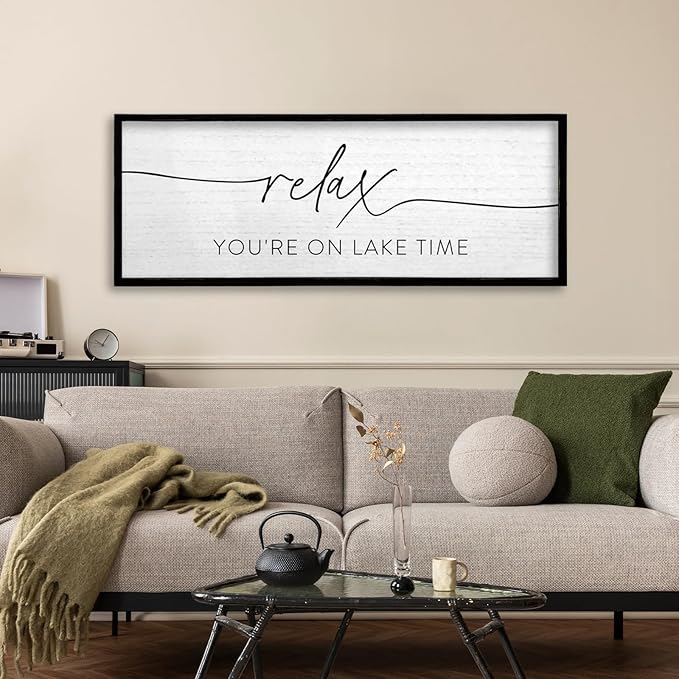 TQianJiang Relax You're On Lake Time Wall Decor 40"×15" Lakeside Quote Sign Lake House Decor for Living Room Bedroom Large Rustic Wooden Framed Wall Hanging Art (Black)