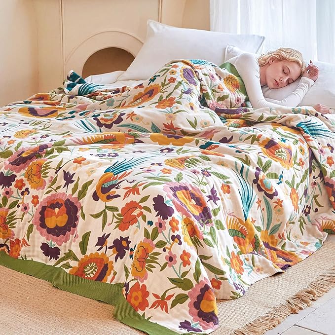 Boho Throw Blanket - 90"x90" 100% Cotton Ultra Soft Lightweight Blanket, 4-Layer Breathable Muslin Spring Blankets for Bed Couch, Reversible Green Floral Bird Printed Bohemian Cotton Quilt