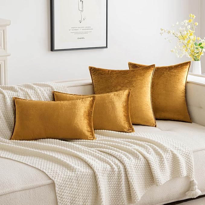 MIULEE Dark Gold Velvet Throw Pillow Covers 20x20 Soft Decorative Solid Square Cushion Cases Pack of 2 Modern Luxury Home Decor for Couch, Sofa, Bedroom