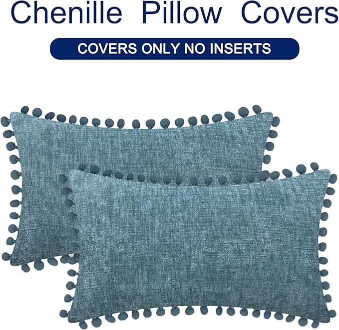 CaliTime Throw Pillow Covers Decorative 20 X 12 Inches Pack of 2 Cozy Solid Dyed Soft Chenille Cushion Cases with Pom Poms for Couch Sofa Bed Living Room Home Smoke Blue