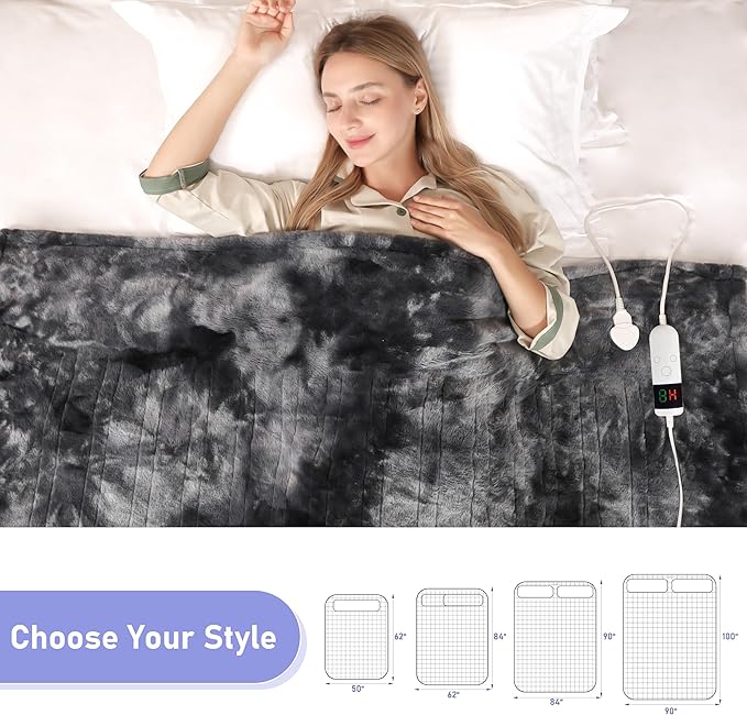 Electric Heated Blanket Queen 84''x90''Size Faux Fur Heating Blanket 10 Heating Settings, 1-8h Timer & Overheat Protection, Machine Washable, Soft Flannel and Sherpa Full Body Warmth