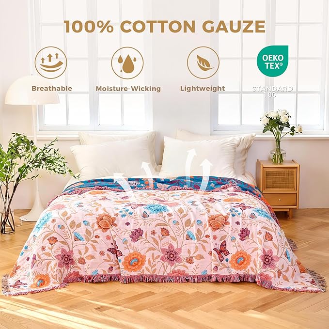 Boho Throw Blanket for Couch Sofa Chair Cotton Spring Blankets for Bedroom Living Room All Season Soft Lightweight Reversible Floral Butterfly Embroidery Decorative Throws 50"x60" Home Decor