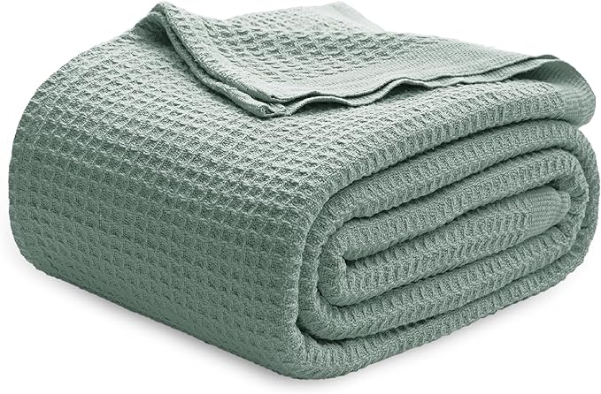 Bedsure Gentlesoft 100% Cotton Blanket Queen Size for Bed - Cooling Breathable and Soft for Spring Summer, Thick Cozy Waffle Weave Blanket Gifts for Women, Sage Green, 90x90 Inches